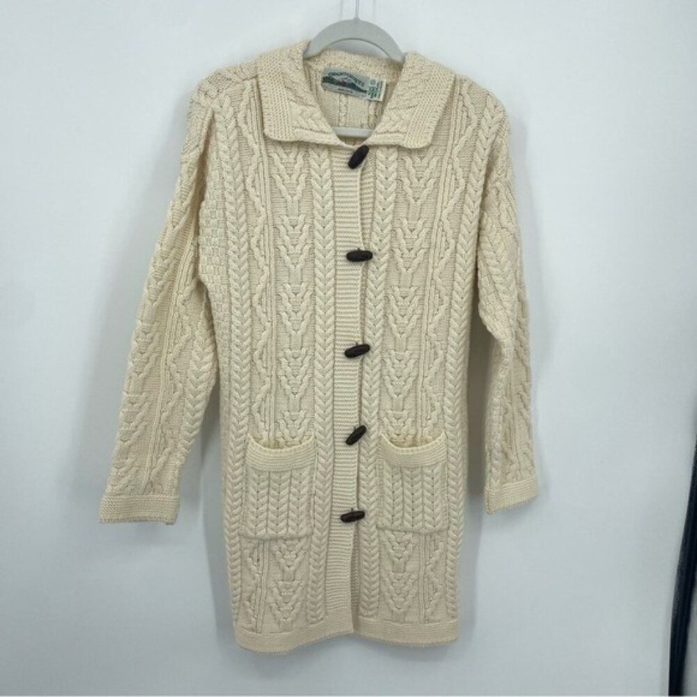 Arancrafts Ivory Long Irish 100% Merino Wool Cardigan Sweater Coat button S